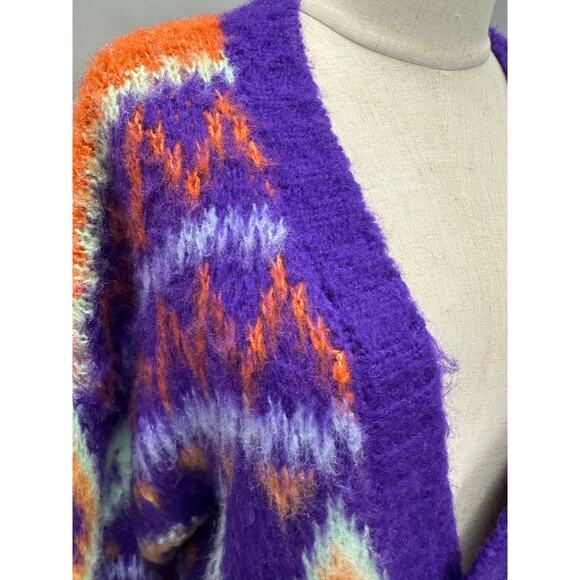 ASOS Reclaimed Vintage Oversize Purple Fair Isle Fuzzy Cardigan Unisex sz small - Picture 10 of 16